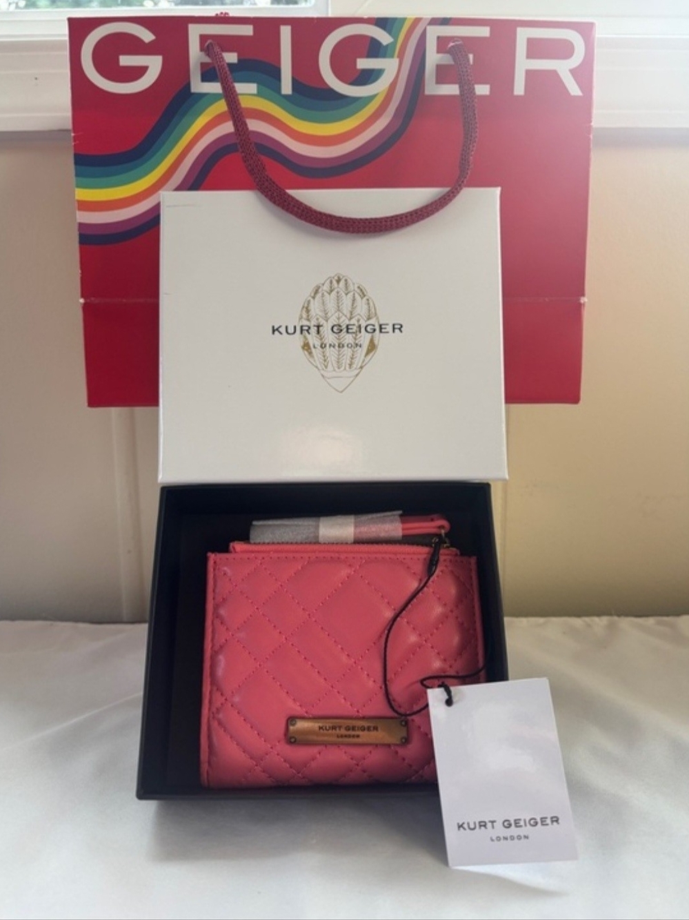 Kurt Geiger Quilted Pink Leather Compact Wallet NWT
